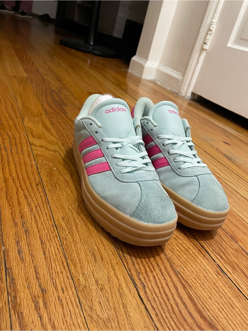 adidas Women's Mint Suede Sneakers with Pink Stripes and Gum Platform - Picture 7 of 9